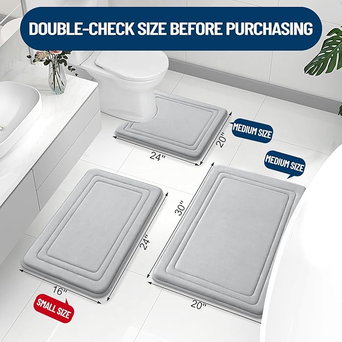 Grandaily Memory Foam Bath Mat Rug 24x16, Ultra Soft, Non-Slip and Absorbent Bathroom Rugs, Machine Wash Dry, Comfortable Bath Carpet for Bathroom Floor, Tub and Shower, Grey