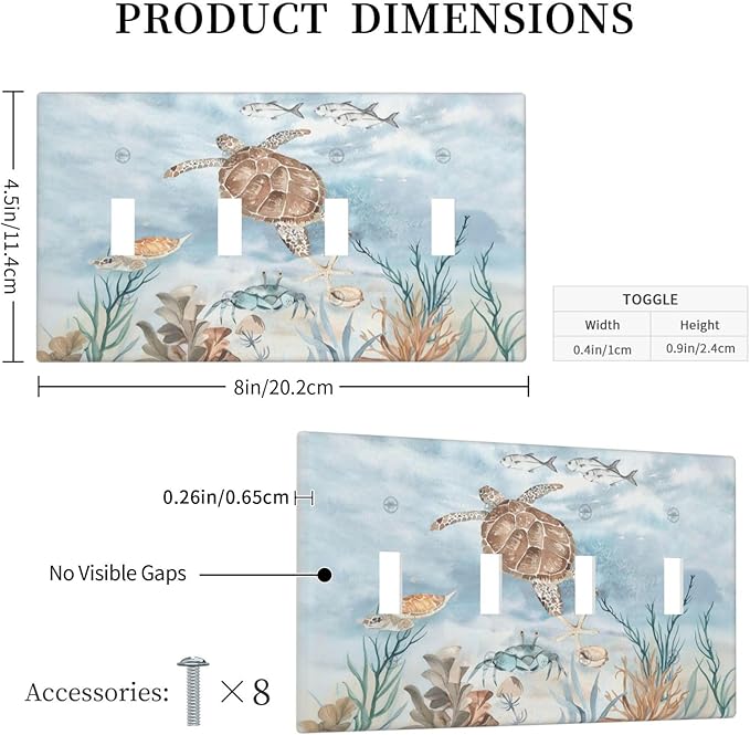 Light Switch Covers Sea Turtle Coral Reef Nauticaltheme Quad Toggle Electrical Faceplate 4 Gang Wall Plate Decorative Switch Plates for Kids room Bathroom Decor