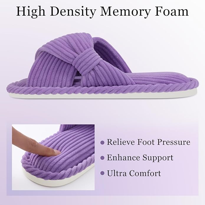 Evshine Fall House Slippers for Women Corduroy Cross Bow Indoor Slippers Open Toe Slip On Bedroom Shoes with Memory Foam