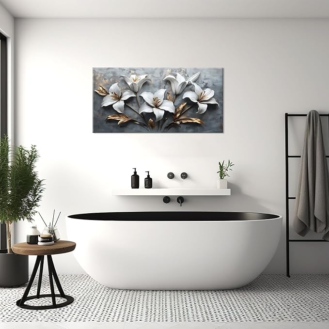 White Flowers Wall Art for Bedroom Canvas Painting Prints Beautiful Floral Gold Leaves Gray Modern Artwork Office Girls Decor