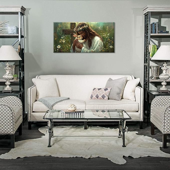 Green Jesus Love Wall Art for Living Room Canvas Painting Prints GOD Embrace Rabbit Bunny Spiritual Faith Crucifix Cross Vintage Art Deco Spring Artwork Office Bedroom Farmhouse Decor Large