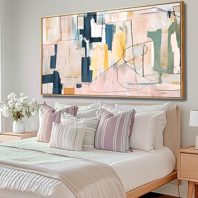 Pink Abstract Painting Large Wall Art Living Room Decor Blue Canvas Print Line Artwork Home Office Decoration 29x58 Inch