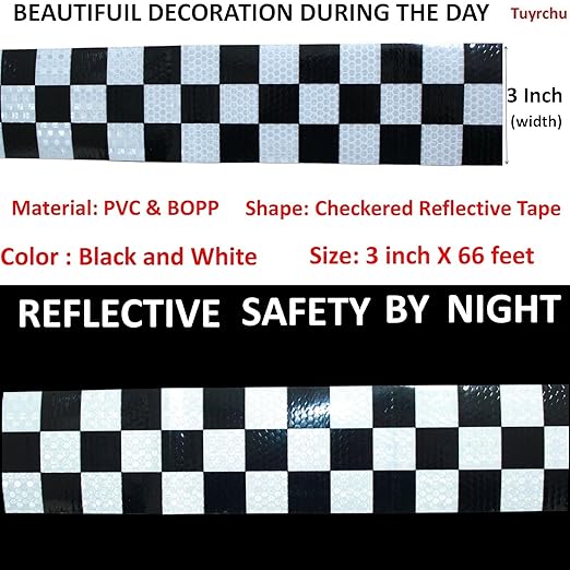 Black White Reflective Tape Outdoor Waterproof 3 inch X 66 feet, High Visibility Hazard Conspicuity Safety Industrial Marking Tape