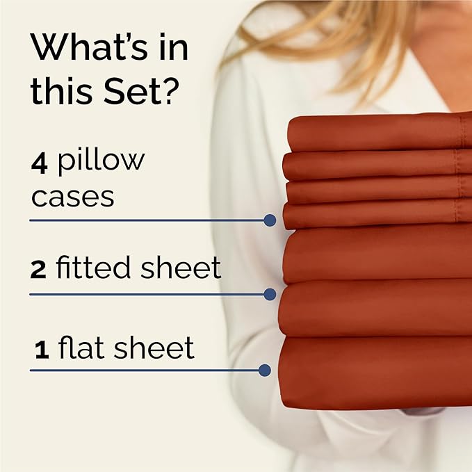 Split King 7 Piece Sheet Set - Cooling & Breathable Bed Sheets - Hotel Luxury Bed Sheets for Women, Men, Kids & Teens - Deep Pockets - Easy Fit - Soft and Wrinkle Free - Split King Terracotta Sheets