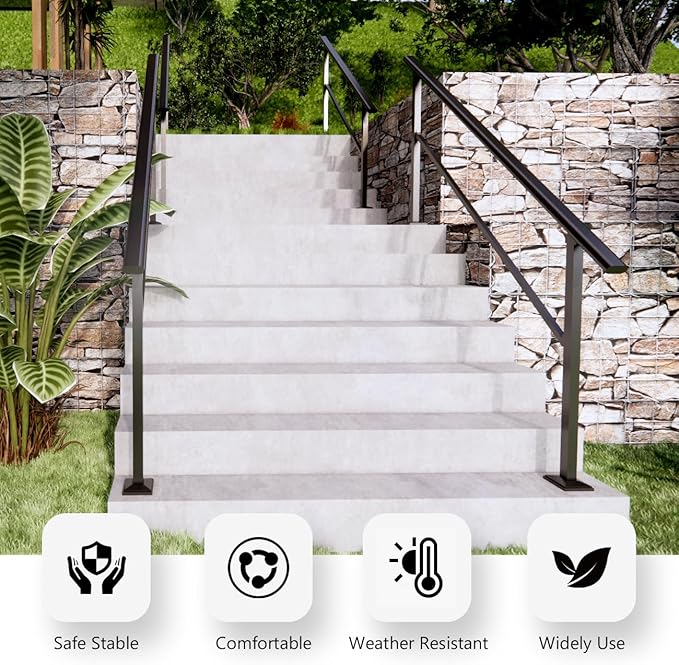 DIYHD 7 Step Handrail for Outdoor,Powder Coated Iron Stair Railing,Black Hand Rails for Indoor, Porch,Deck,2 Pack