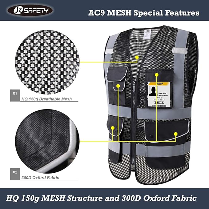 JKSafety 9 Pockets High Visibility Zipper Front Safety Vest With Reflective Strips,HQ Breathable Mesh, Oxford Fabric for pocket materials. Black Meets ANSI/ISEA Standards (XX-Large, 110-Black)