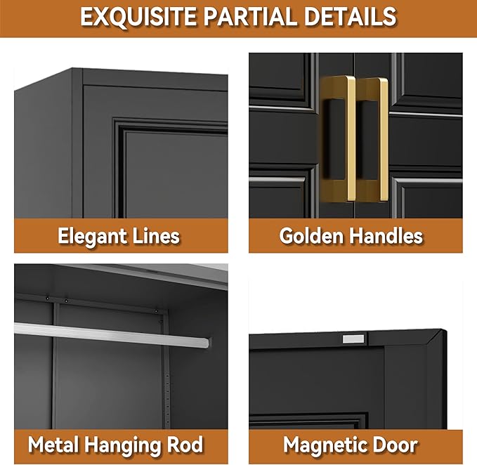 Metal Armoire Closet, 86 Inch Tall Wardrobe Armoire with Hanging Rod, Wardrobe Closet for Clothes with Doors, 18" D x 32" W x 86" H,Black, Assemble Required, Shipped in Two Packages