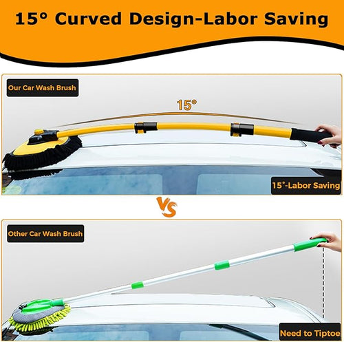 15°Curved Car Wash Brush with Long Handle 43" Extension Pole RV Truck Microfiber Cleaning Mop Auto SUV Wheel Boat Exterior Interior Detailing 2 in 1 Carwash Duster Not Hurt Paint Scratch Free