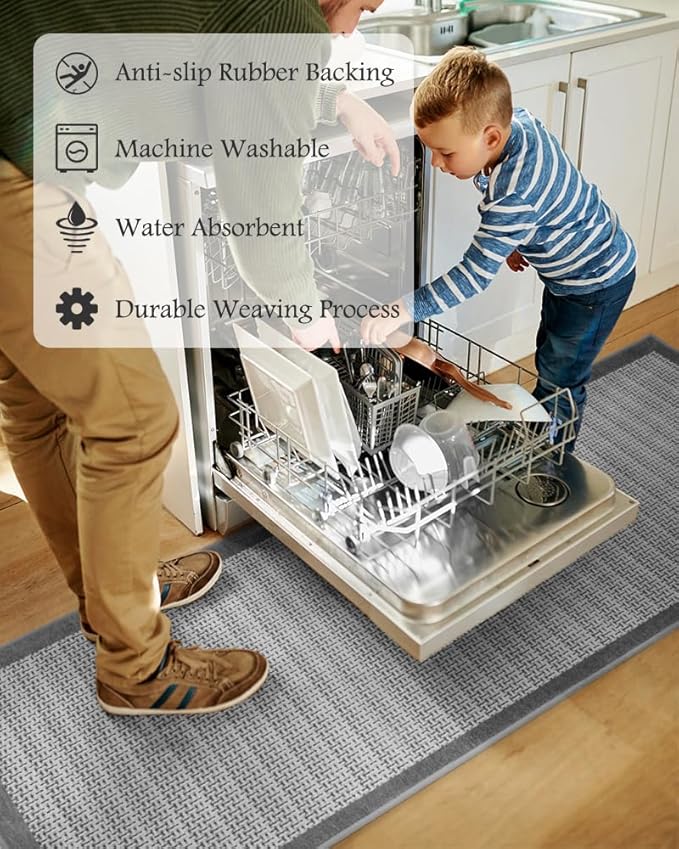 PADOOR Non Slip Kitchen Rugs Sets of 3 - Extra Large 2.5'x6' + 20"x32" + 20"x32" Runner Rugs for Kitchen Floor Non Skid Washable, Absorbent Kitchen Mat for in Front of Sink 3 Piece Grey
