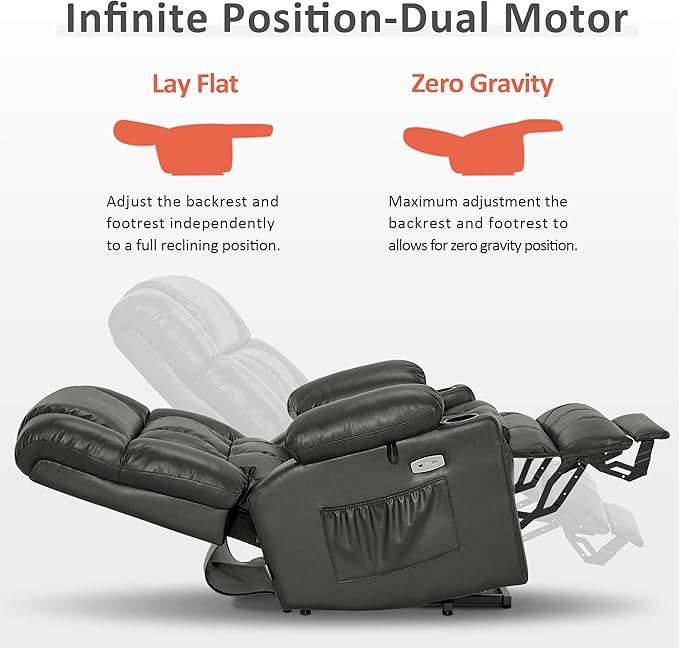 MCombo Dual Motor Power Lift Recliner Chair for Elderly, Lay Flat Lift Chair with Heat and Massage, Cup Holders, USB Ports, Faux Leather 7890 (Grey, Medium)