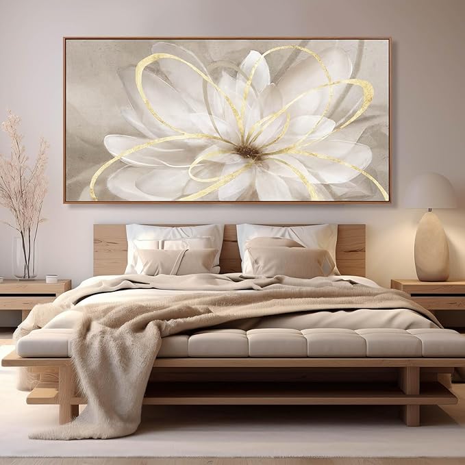 SOUGUAN Floral Wall Decorations Gold and White Canvas Wall Art Line Photo Prints 36"x70" Large Wall Painting for Living Room Office