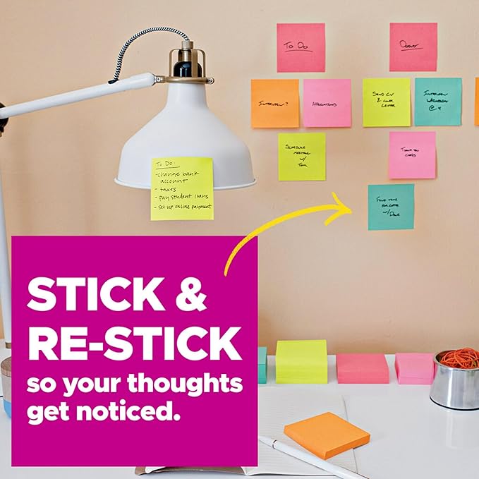 Post-it Super Sticky Notes, Assorted Bright Colors, 3x3 in, 15 Pads, 45 Sheets/Pad, 2X The Sticking Power, Recyclable, Multi-Color (Pack of 6)