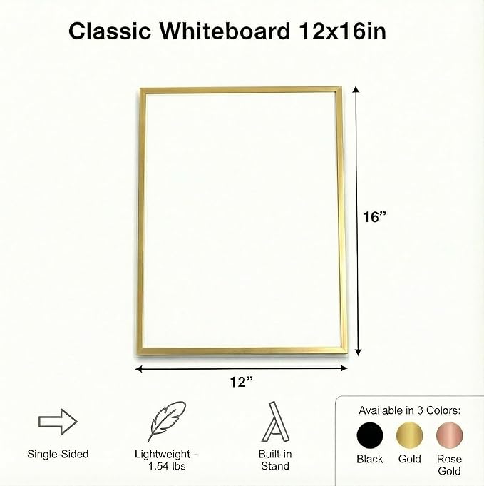 Small Whiteboard 12 x 16 Inch Magnetic Dry Erase Board with Stand & Wall Mount | Gold Aluminum Frame | Desktop Board for Home, Office, Reception, Events | 2 Markers, Eraser & 2 Magnets