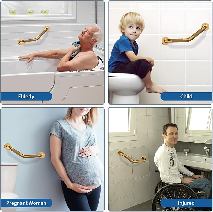 2 Pack 16 Inch Munzong Shower Grab Bars for Seniors, Gold Angled Anti Slip Grab Bars for Bathtubs and Showers Safety Hand Rail Support Handicap Elderly Injury Senior Assist Bath Handle