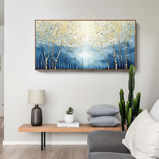 amatop Framed Modern Abstract Nature Wall Art: Large Navy Blue Tree of Life Art Print, Ready-to-Hang for Living Room, Bedroom or Office (48x24 in)
