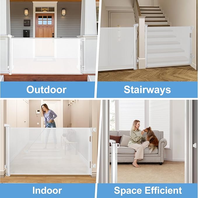 2-Pack Retractable Baby Gate for Stairs-33”Height, Expands up to 55”Width-Safety Gate for Infants, Toddlers, Dogs & Pets-Easy Install, Secure Closure, White Mesh Design for Indoor & Outdoor Use
