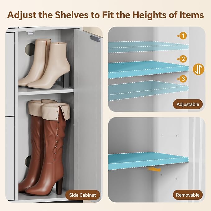 Shoe Cabinet with 2 Flip Cabinets & Side Cabinet, Shoes Cabinet with Adjustable Shelves, Shoe Storage Organizer for Entryway, Hallway Living Room, Space-Saving, White