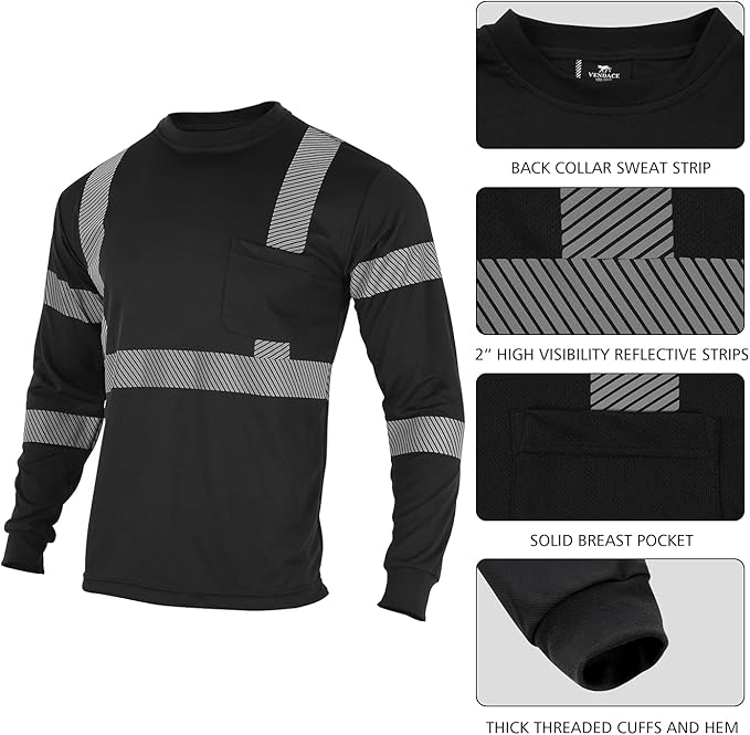 VENDACE 3pcs Safety T Shirts Reflective High Visibility Hi Vis Long Sleeve Construction Work Shirts for Men Class 3