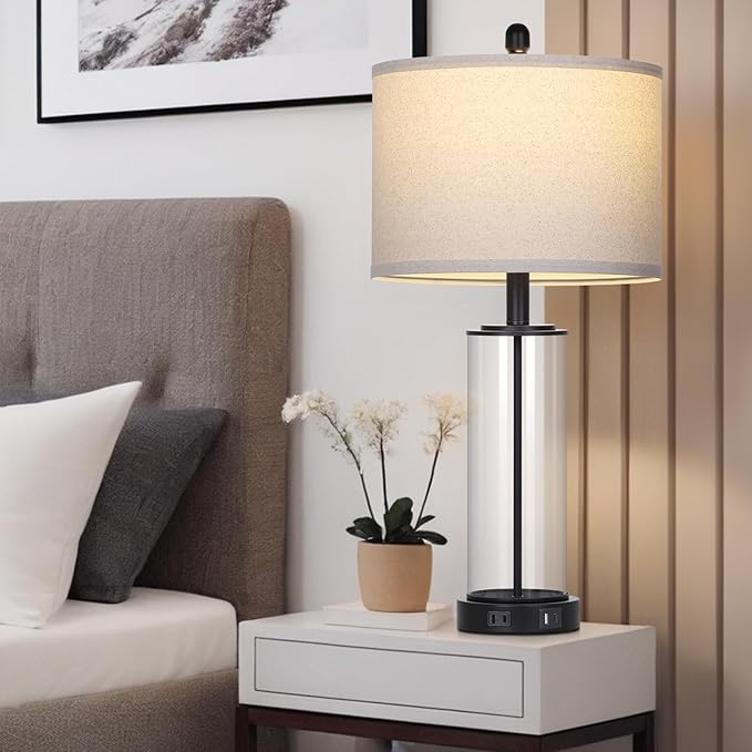 26" Black Glass Table Lamp for Living Room Single, 3-Way Dimmable Bedside Lamps with USB C+A Ports & AC Outlet, Modern Touch Control Bedroom Lamp for Nightstand Side End Table (Bulb Included)