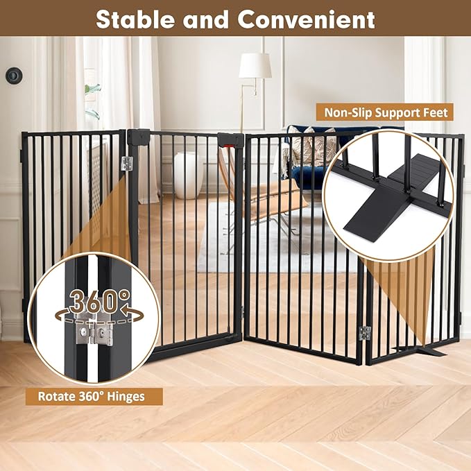 Metal Freestanding Dog Gates with Door,Extra Wide 24", 32" Height Foldable Dog Fence for Indoor & Outdoor, Heavy Duty Freestanding Pet Barrier for Stairs, Doorways, Halls, Kitchen,Yard,Christmas Tree