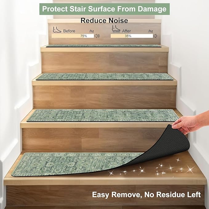 OJIA Extra Non-Slip Stair Treads for Wooden Steps, 30"X8" Indoor Stair Runners Slip Resistant Stair Rugs Safety Mats for Dogs, Kids & Elders, Rubber Backed Stair Treads Stair Covers, 15PC, Green