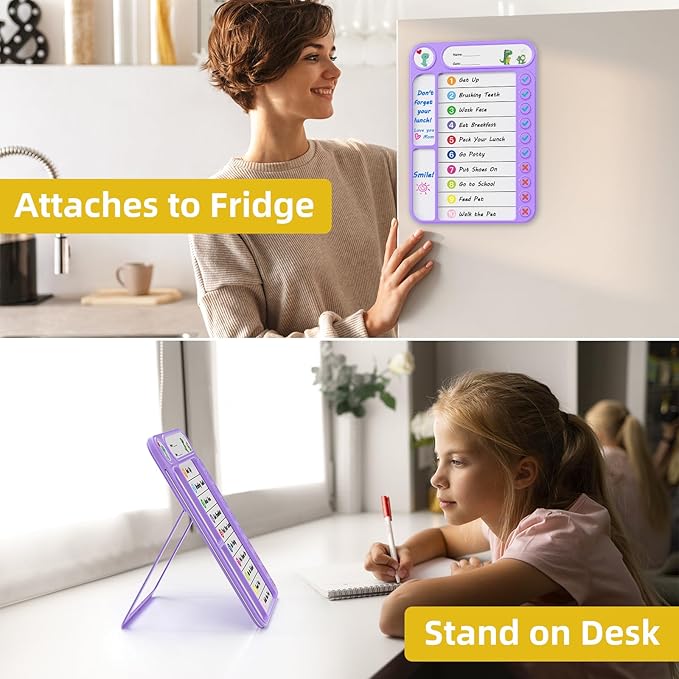 Magnetic Chore Chart for Kids, ADHD Task Tracker Easy-Check Routine Dry Erase Board, to-Do List Planning Tool with Stand for Fridge/Desk/Home/School, 6 Reusable Sheets, 2 Markers Purple
