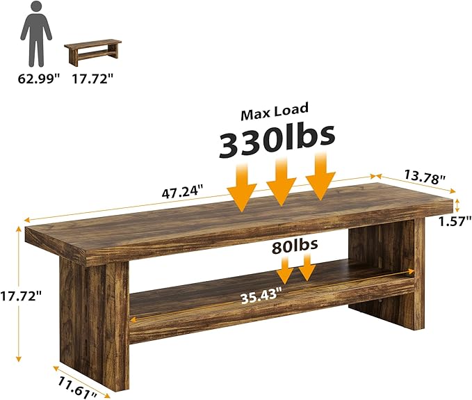 2 Tier Entryway Bench, 47.24" Shoe Bench, Rustic Shoe Rack, Wooden Storage Bench for Entryway Hallway Living Room Bedroom, Easy Assembly, Rustic Brown