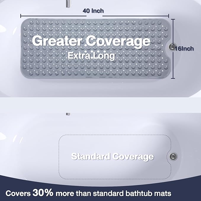 Extra Long Gray Bathtub Mat Non Slip, Soft Bath Mat for Tub 40 x 16 Inch Full Size, Bath Tub Shower Mats for Bathroom Floor with Big Suction Cups and Drain Holes, Easy Washable, BPA Free