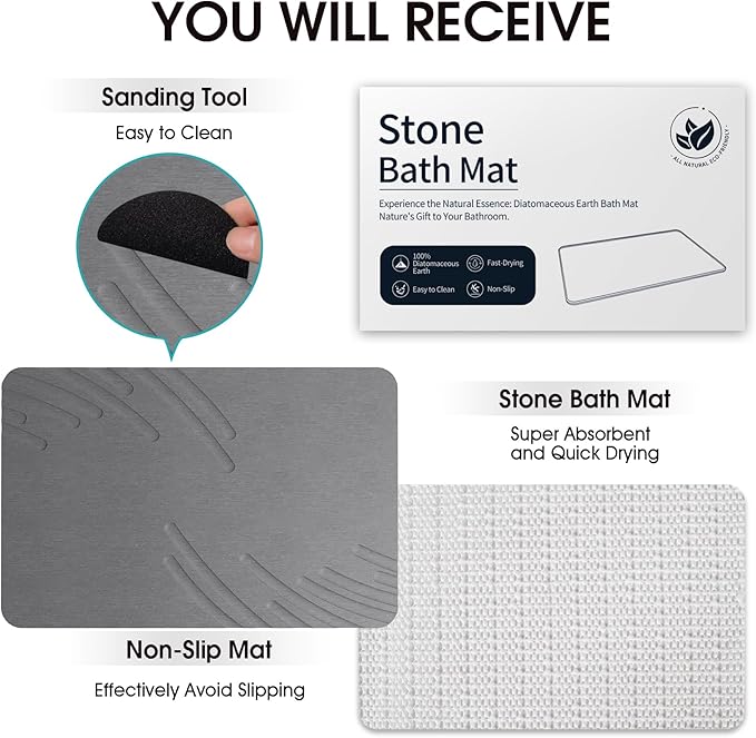 Stone Bath Mat Diatomaceous Earth Shower Mat Non-Slip Super Absorbent Diatomite Stone Mats for Bathroom Floor/Ktichen Cuonter Quick-Drying Easy to Clean (24''*16'' Grey-Feather)