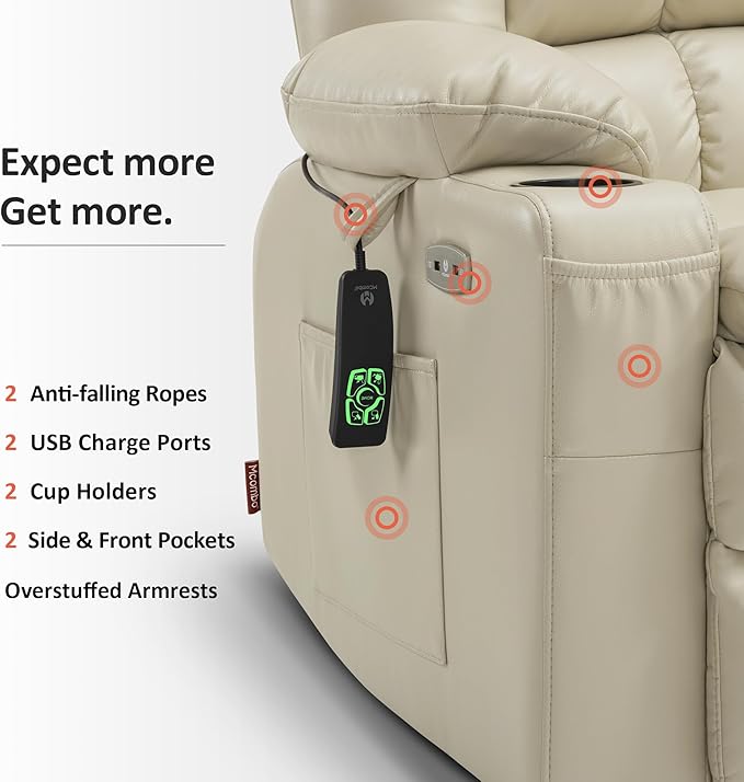 MCombo Dual Motor Power Lift Recliner Chair for Elderly, Lay Flat Lift Chair with Heat and Massage, Extra Wide Lift Recliner for Big People, Cup Holders, Faux Leather R7897 (Cream White, Medium-Wide)