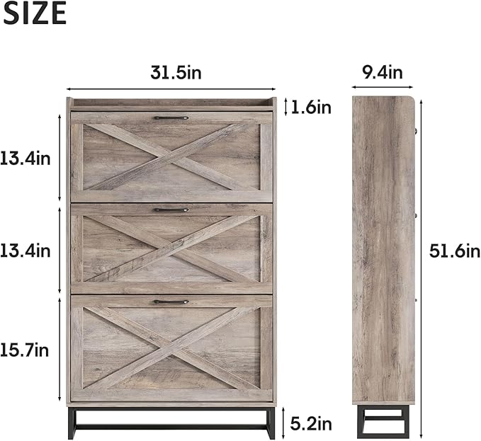 Maupvit Shoe Storage Cabinet with 3 Flip Drawers, Freestanding Organizer with Metal Legs for Entryway, Narrow Shoe Rack Cabinet, Washed Gray