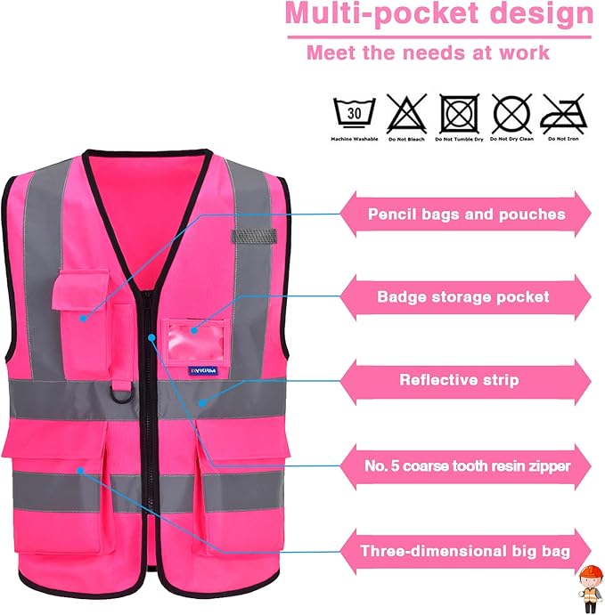 A-SAFETY 7 Pockets Hi Viz Zipper Front Working Safety Vest with Reflective Strips, Multiple Colors Available, Pink 4XL-5XL