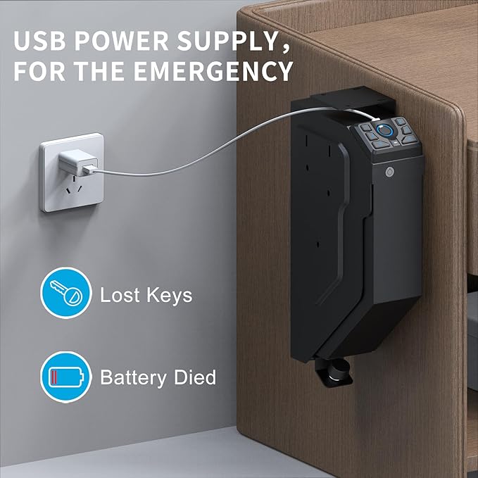 VERPROOF Biometric Gun Safe for Handgun Drop Down Pistol Safe, Smart Pistol Safe with Fingerprint, PIN Code, Key Access for Nightstand, Desk, Bedside, Low-Vis Mode, Type-C Power