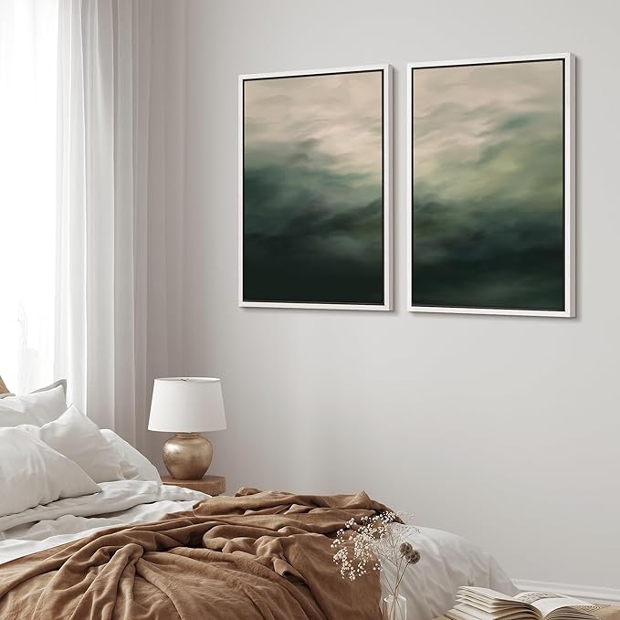 MUDECOR Framed Canvas Print Wall Art Dark Green Abstract Misty Landscape Moody Illustrations Modern Art Decorative Chic for Living Room, Bedroom, Office - 24"x36"x2 White