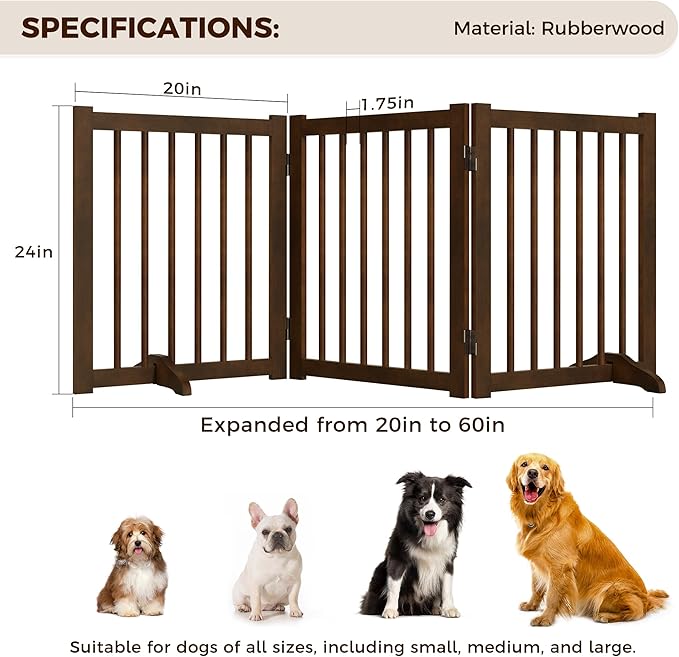 Indoor Dog Gate,Wooden Freestanding Dog Gate for Stairs or Doorways-3 Panels 24" - Folding Solid Wood Safety Pet Fence with 2 Support Feet-Walnut Color