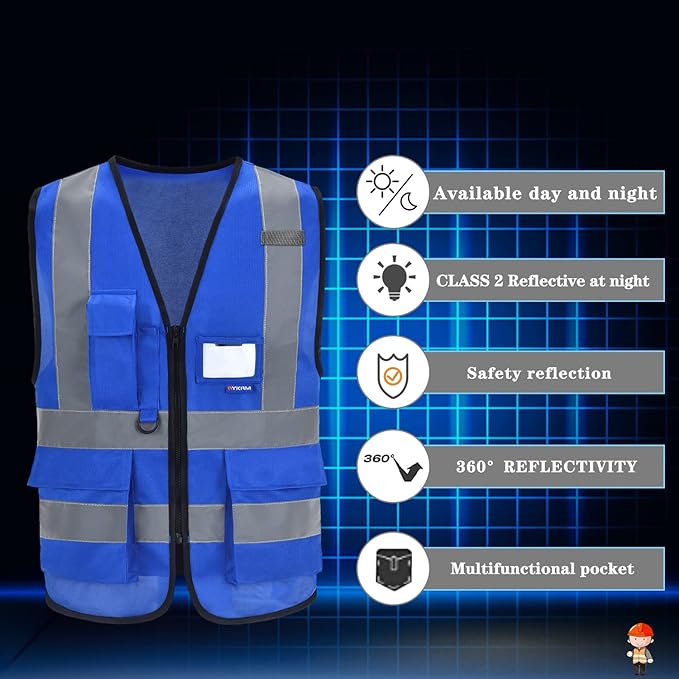 A-SAFETY Blue High Visibility Vest Reflective Safety Vest,Hi Vis Bright Neon Color with 4 Reflective Strips 7 Pockets,XXXL