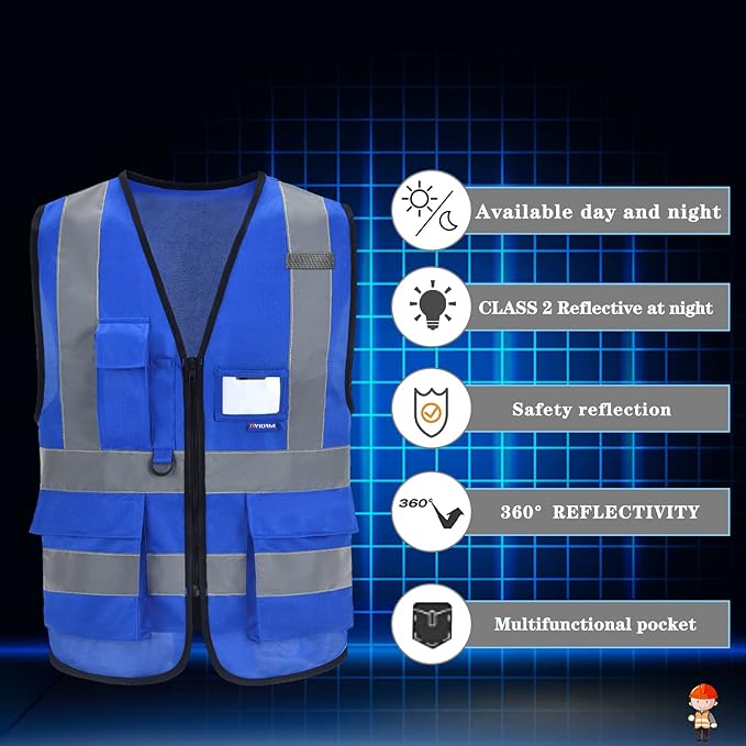 A-SAFETY Blue safety vests Reflective Safety Vest Hi Vis Bright Neon Color with 4 Reflective Strips 8 Pockets, Blue