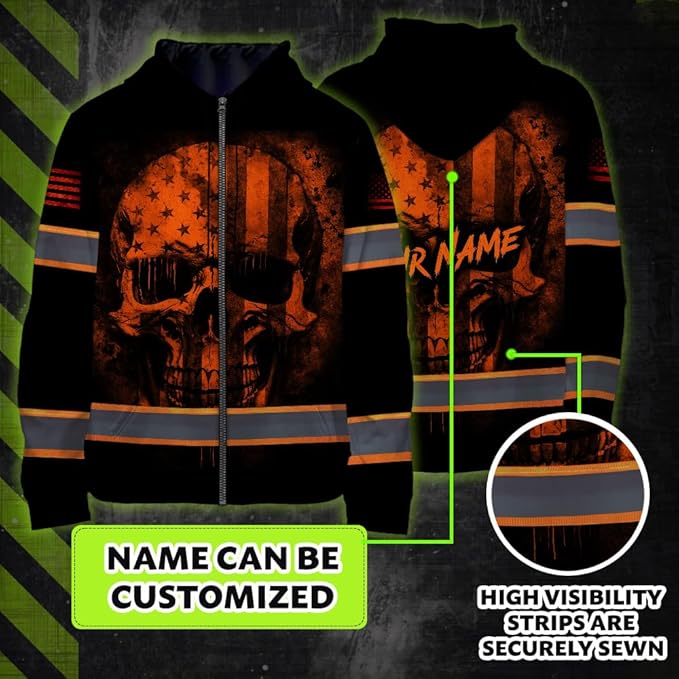 Maddly Hi Vis Reflective Zip Up Hoodie, High Visibility Safety Jacket with Skull Design for runner, worker, trucker, cyclist