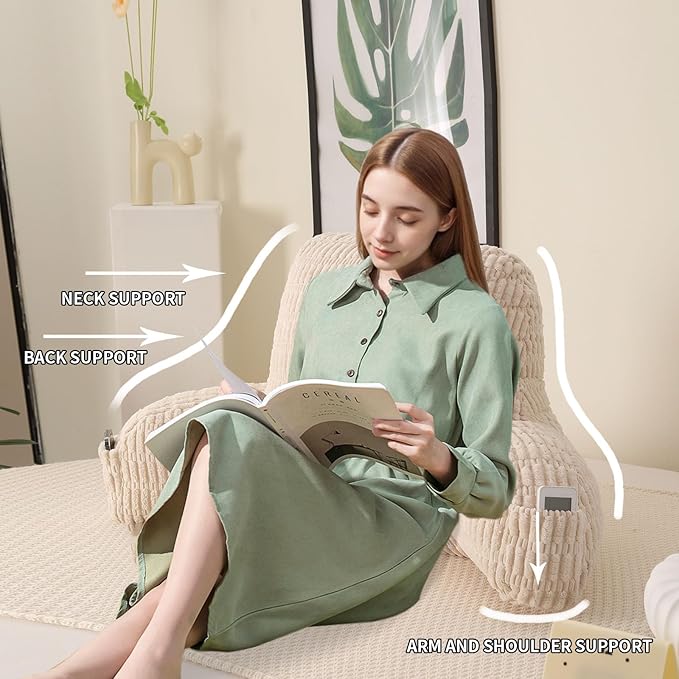 Reading Pillow for Sitting in Bed, Large Backrest Reading Pillow with Arm Rest,Back-Rest Support Cushion for Sit Up on Couch, Sofa, and Floor, Dorm Essentials (Cream Corduroy, Standard(17"))