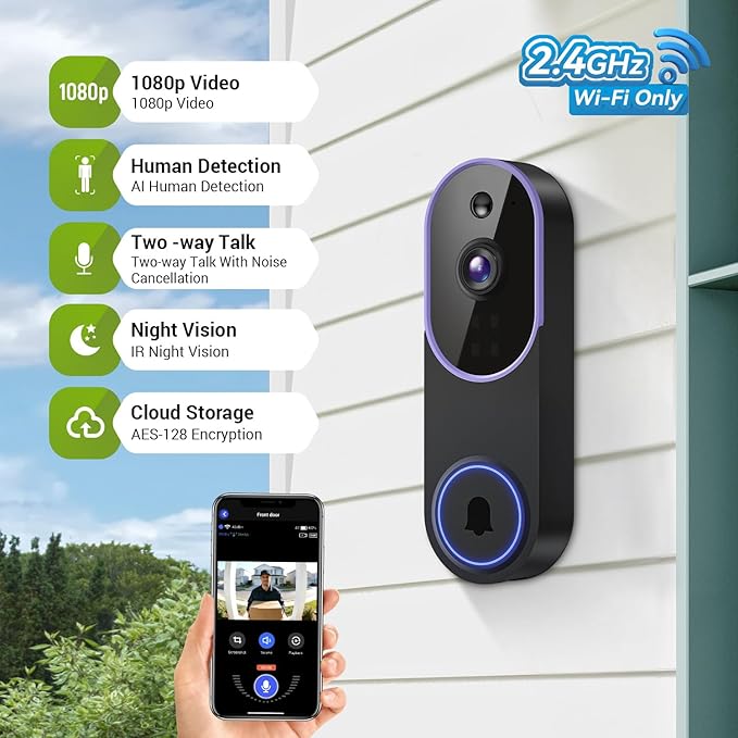 1080P Wireless Video Doorbell Camera, Smart Outdoor Surveillance Cam, FHD Live View, Cloud Storage, AI Human Detection, Instant Alert, Night Vision, Two Way Audio, 2.4G WiFi Only (Purple)