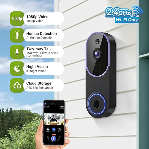 1080P Wireless Video Doorbell Camera, Smart Outdoor Surveillance Cam, FHD Live View, Cloud Storage, AI Human Detection, Instant Alert, Night Vision, Two Way Audio, 2.4G WiFi Only (Purple)