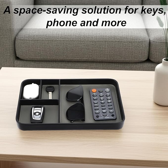 Leather Tray, Stylish and Organized Multifunctional Tray, for Table Entryway, Premium PU Leather, Catchall Trays for Keys, Watch, Wallet, Jewelry, and More (Black Frame)