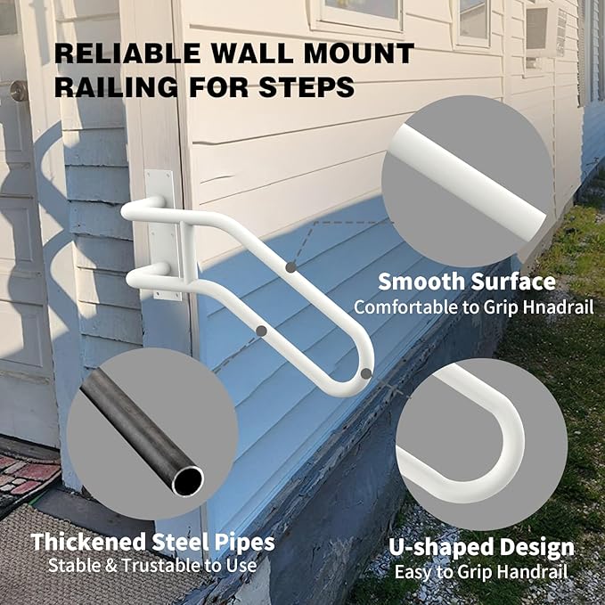 Left Side Wall Mounted handrail, Garge Door Stair Railing for 1-3 Steps(Polished White, Left Side, 230LBs Loading)