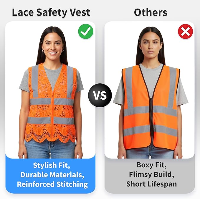 Lace-Mesh Safety Vest for Women & Men - Breathable, High Visibility Vest with Zipper & ANSI Class 2 Reflective Strips