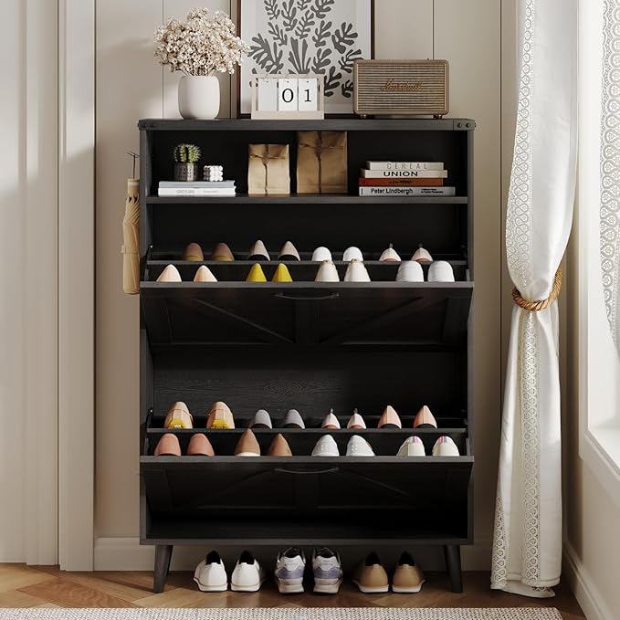 Shoe Cabinet with 2 Flip Drawers & Open Storage,Farmhouse Shoe Storage Cabinet for Entryway,Freestanding Narrow Organizer Rack with Legs,Foyer,Hallway,Black
