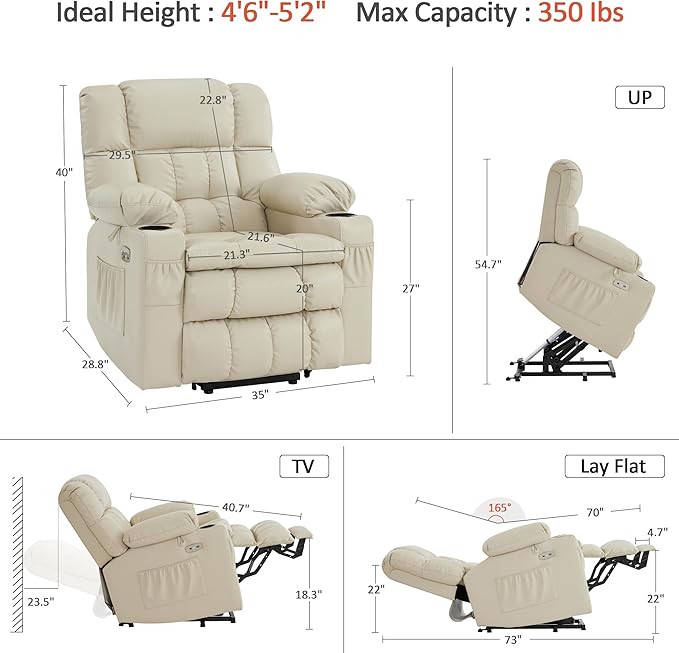 MCombo Dual Motor Small Power Lift Recliner Chair for Elderly, Lay Flat Lift Chair with Heat and Massage, Petite Lift Chair, Cup Holders, Faux Leather 7893 (Cream White, Small)