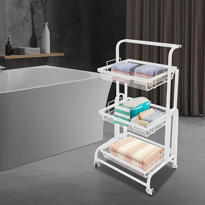 3 Tier Rolling Utility Cart with Wheels, Metal Rolling Foldable Storage Shelves, Adjustable Tilt Angle Storage Organizer for Living Rooms, Kitchens, Bathrooms (White)