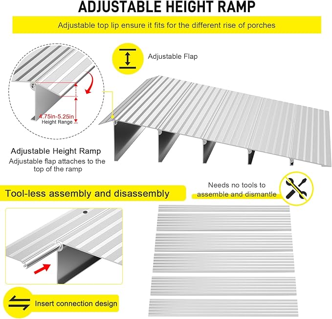 Door Threshold Ramp 5" Rise Door Ramp Aluminum Entry Ramp or Doorways Rated 800 lbs Load Capacity forWheelchair Scooters Power Chairs Walkers Metallic