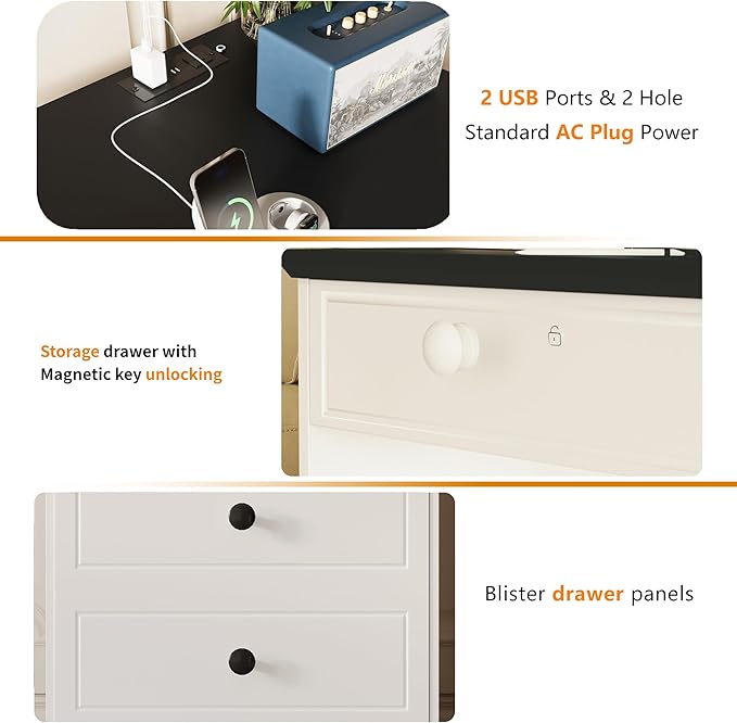 Night Stand with Charging Station,Bedside Table with 2 Drawers,Farmhouse End Table and Nightstand,Small Side Table for Bedroom,Living Room (White-Magnetic Locking, 1-Pcs)