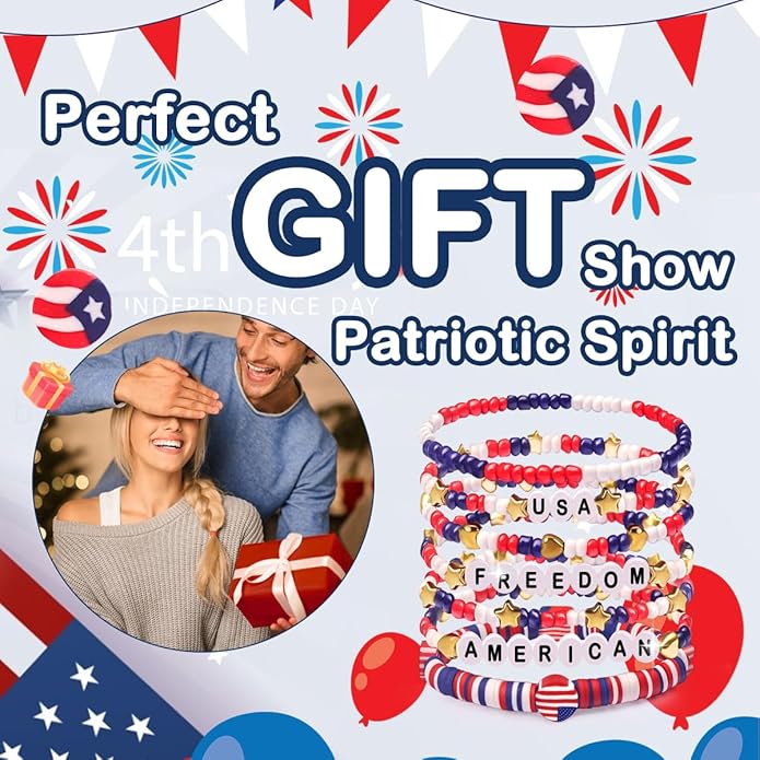 Independence Day Gifts for Women Men Teens Red White Blue Clay Beaded Stackable Stretch Bracelets USA Patriotic Jewelry 4th of July Accessories